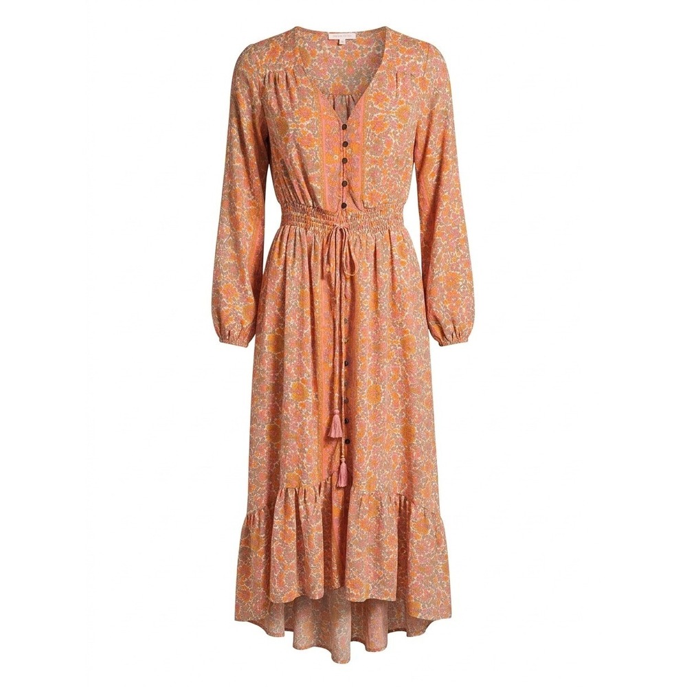 NEW Boemo SMALL Floral Paisley High-Low Maxi Dress Orange Smocked Waist‎ - CJ